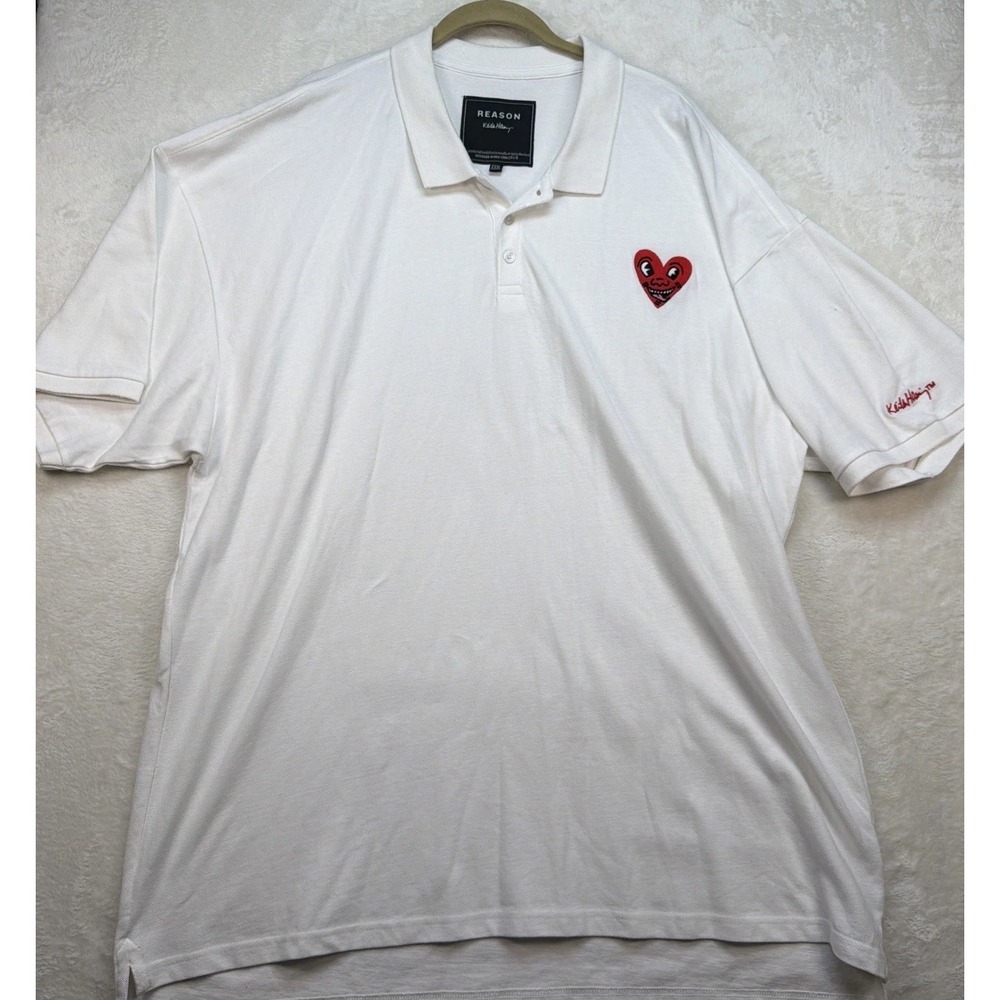 Reason Keith Haring Polo Shirt Mens XXXL White Heart Logo Graphic Streetwear